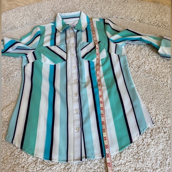 Blue Aqua White Striped button up collared shirt size XXS Denim and Company - Picture 6 of 11